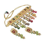 Tehzeeb Creations Meenakari Gold-Polished Multi Color Rectangular Shape Uncut Kundan Combo Necklace Set