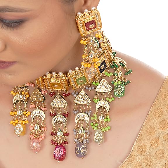 Tehzeeb Creations Meenakari Gold-Polished Multi Color Rectangular Shape Uncut Kundan Combo Necklace Set