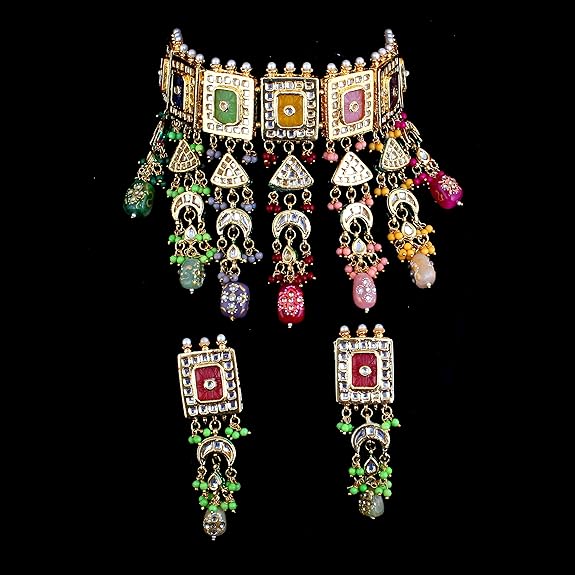 Tehzeeb Creations Meenakari Gold-Polished Multi Color Rectangular Shape Uncut Kundan Combo Necklace Set