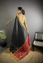 Joban Fashion Black Bhagalpuri Cotton Silk Stripes/Box Saree - Distacart