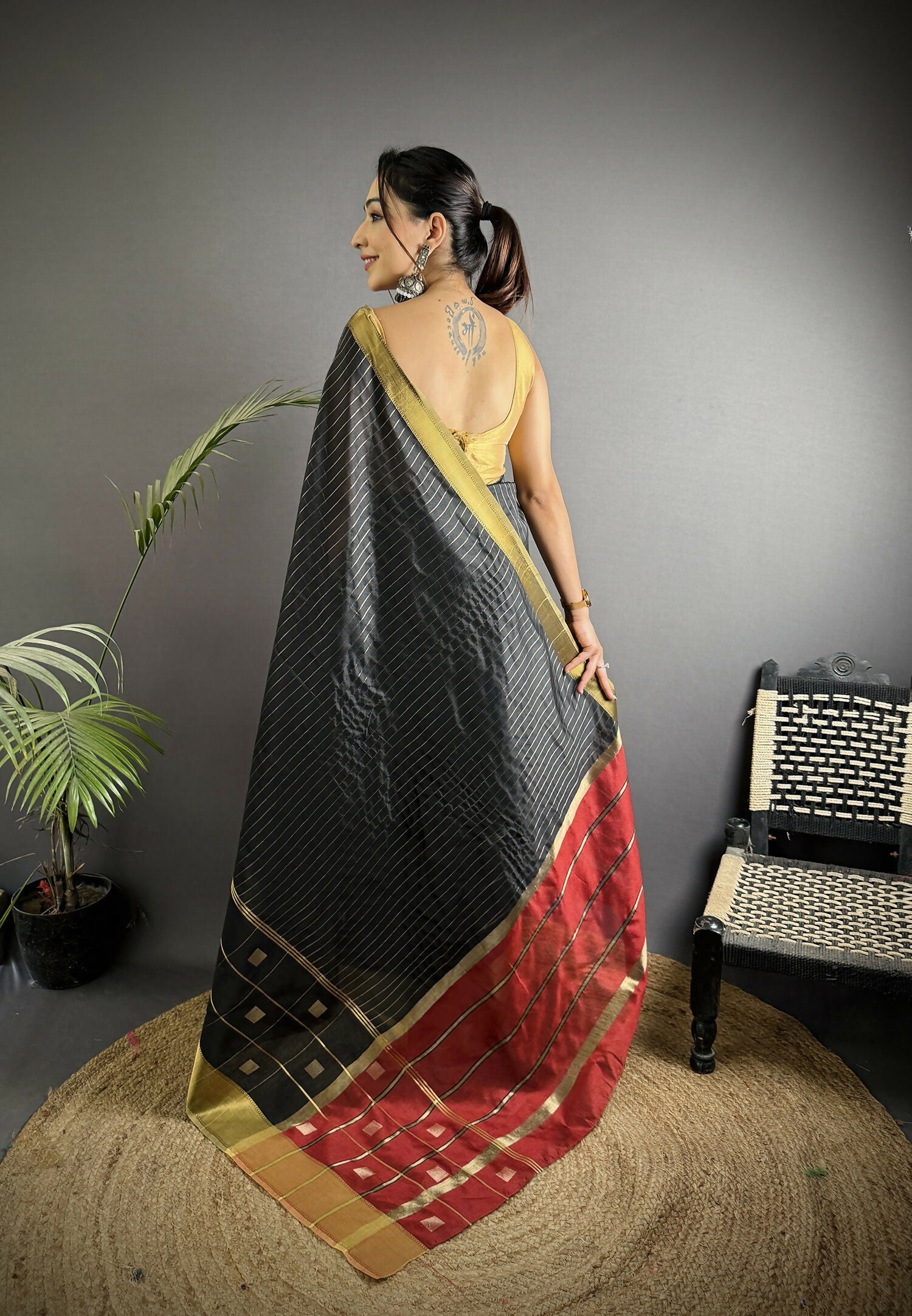 Joban Fashion Black Bhagalpuri Cotton Silk Stripes/Box Saree - Distacart