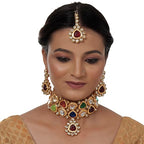 Tehzeeb Creations Back Meenakari Gold-Polished Multicolor Color Tika Earring Jewellery Set Uncut Big Faux Kundan Dibbi Kundan Choker Necklace Set