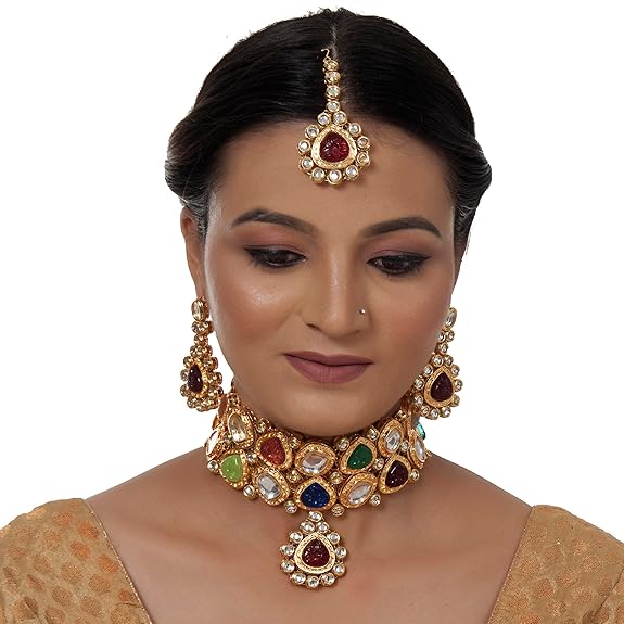 Tehzeeb Creations Back Meenakari Gold-Polished Multicolor Color Tika Earring Jewellery Set Uncut Big Faux Kundan Dibbi Kundan Choker Necklace Set