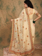 Sangria Yellow Beige Embroidered Net Sarees - Distacart