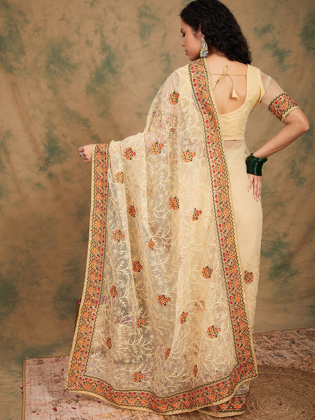 Sangria Yellow Beige Embroidered Net Sarees - Distacart