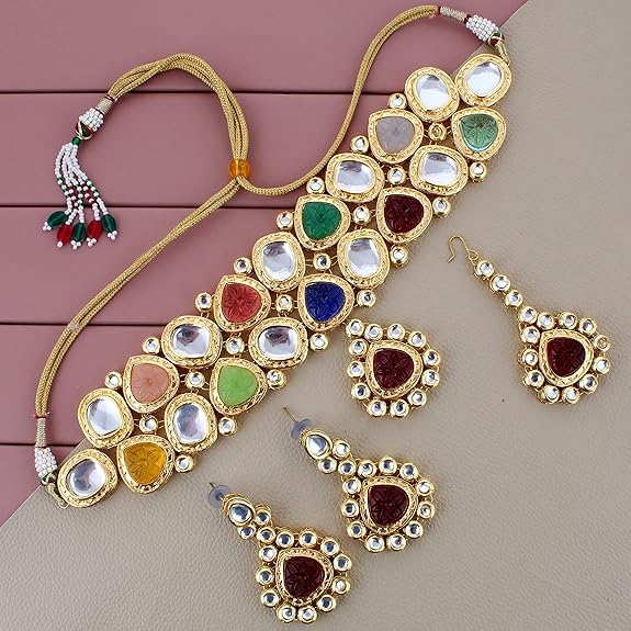 Tehzeeb Creations Back Meenakari Gold-Polished Multicolor Color Tika Earring Jewellery Set Uncut Big Faux Kundan Dibbi Kundan Choker Necklace Set