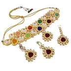 Tehzeeb Creations Back Meenakari Gold-Polished Multicolor Color Tika Earring Jewellery Set Uncut Big Faux Kundan Dibbi Kundan Choker Necklace Set