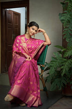 Vardha Cerise Pink Golden Zari Banarasi Raw Silk Saree