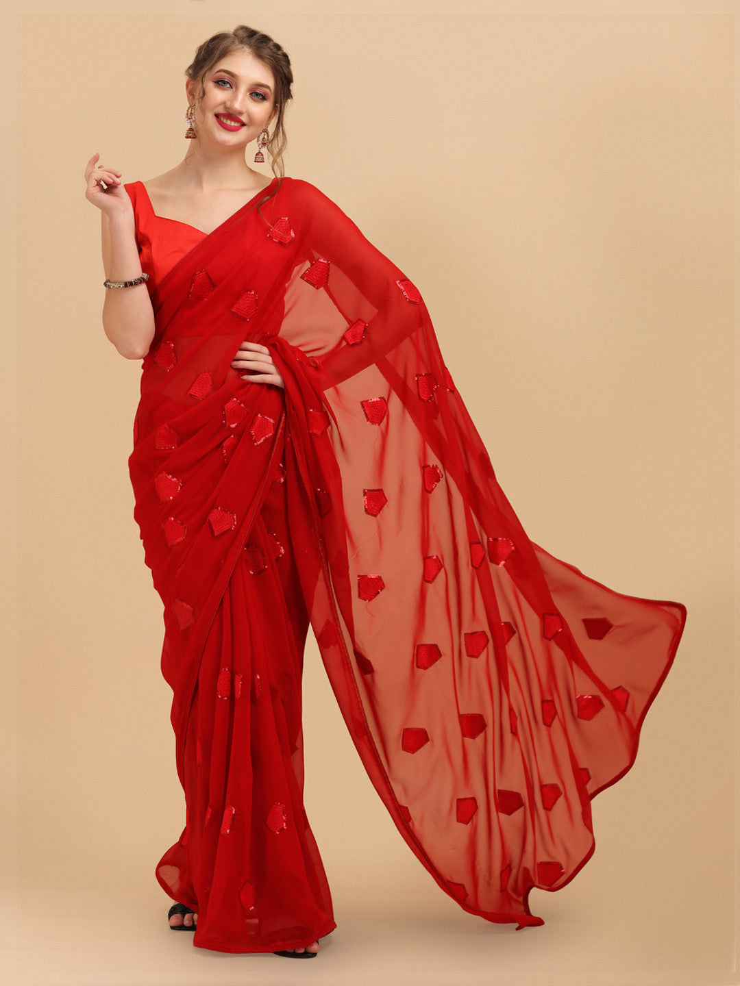 Sangria Red Sequinned Pure Georgette Saree - Distacart