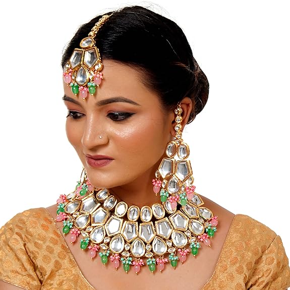 Tehzeeb Creations Back Meenakari Gold-Polished MultiColor Set Uncut Big Faux Kundan Choker Necklace Set
