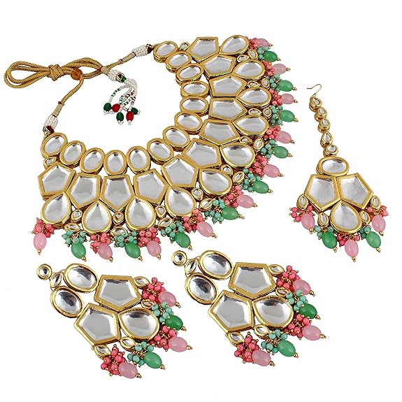 Tehzeeb Creations Back Meenakari Gold-Polished MultiColor Set Uncut Big Faux Kundan Choker Necklace Set