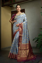 Vardha Royal Grey Golden Zari Banarasi Raw Silk Saree