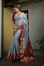 Vardha Royal Grey Golden Zari Banarasi Raw Silk Saree