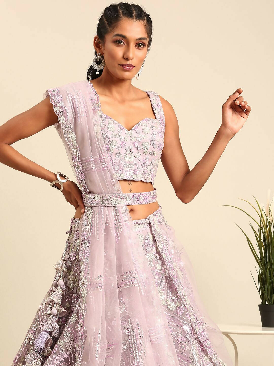 House of Panchhi Lavender Net Sequins and Zarkan embroidery Lehenga choli & Dupatta