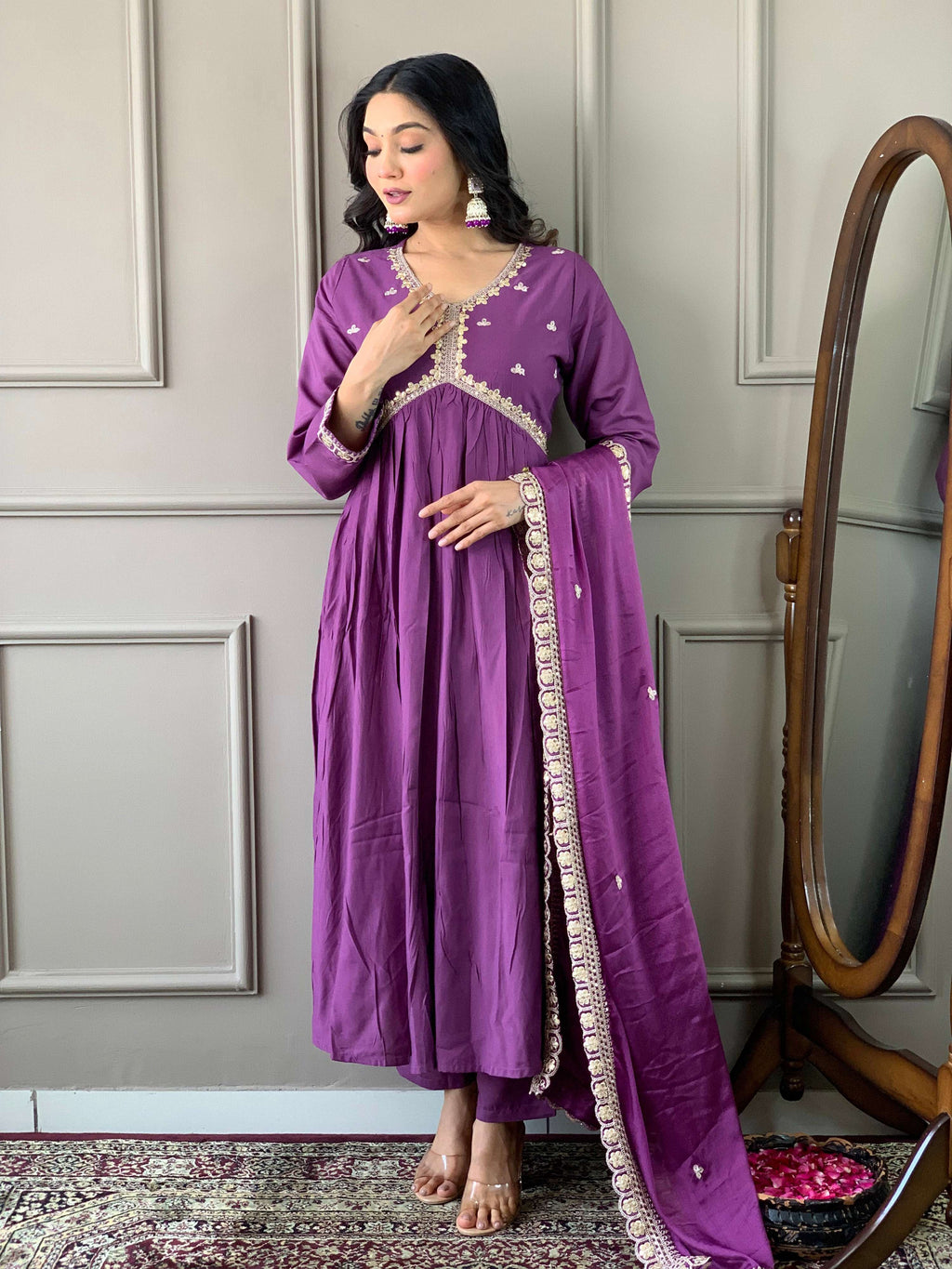 The52 Purple Embroidered Viscose Fabric Straight Kurta, Pant and Dupatta Set - Distacart