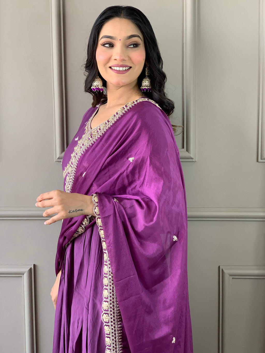 The52 Purple Embroidered Viscose Fabric Straight Kurta, Pant and Dupatta Set - Distacart