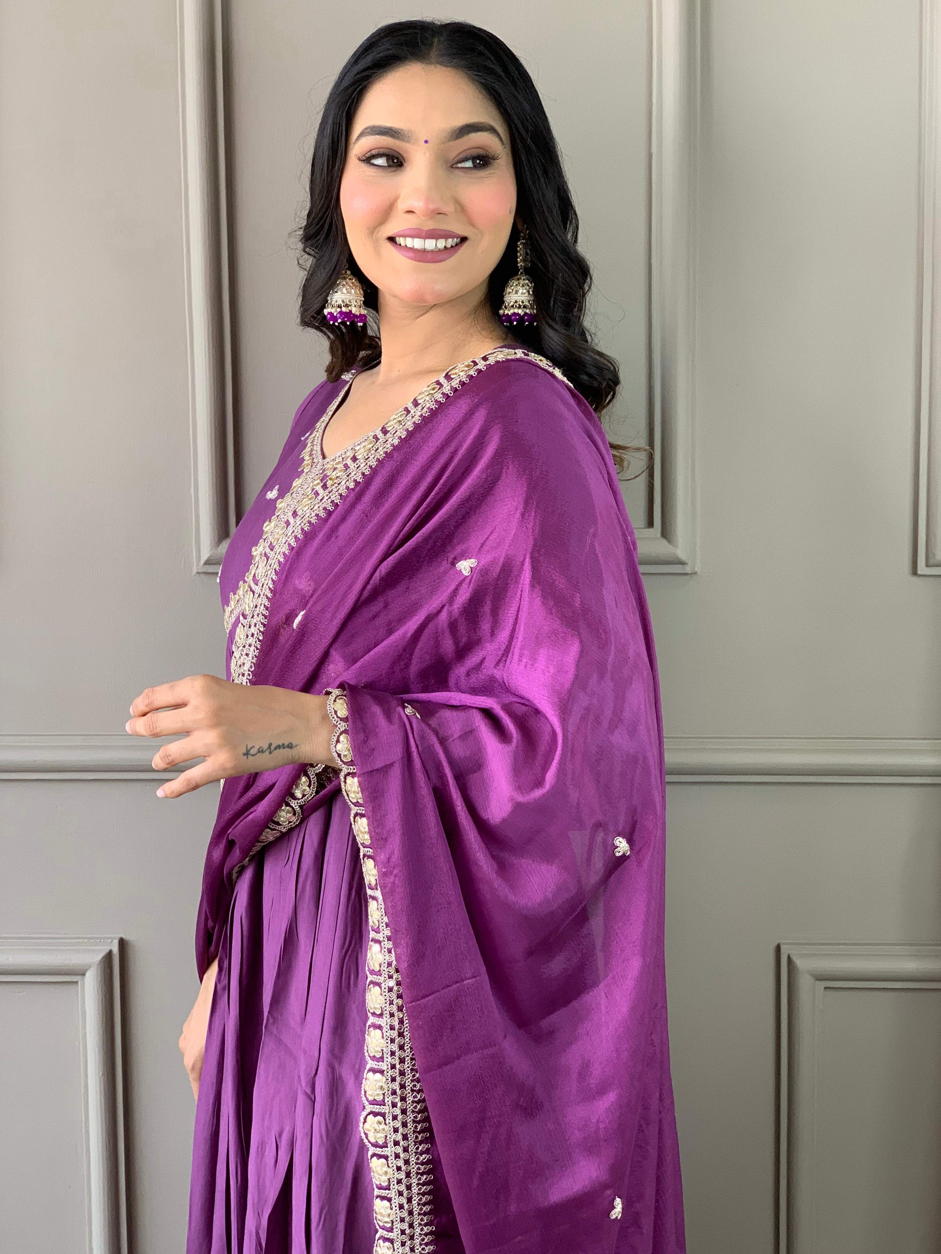 The52 Purple Embroidered Viscose Fabric Straight Kurta, Pant and Dupatta Set - Distacart