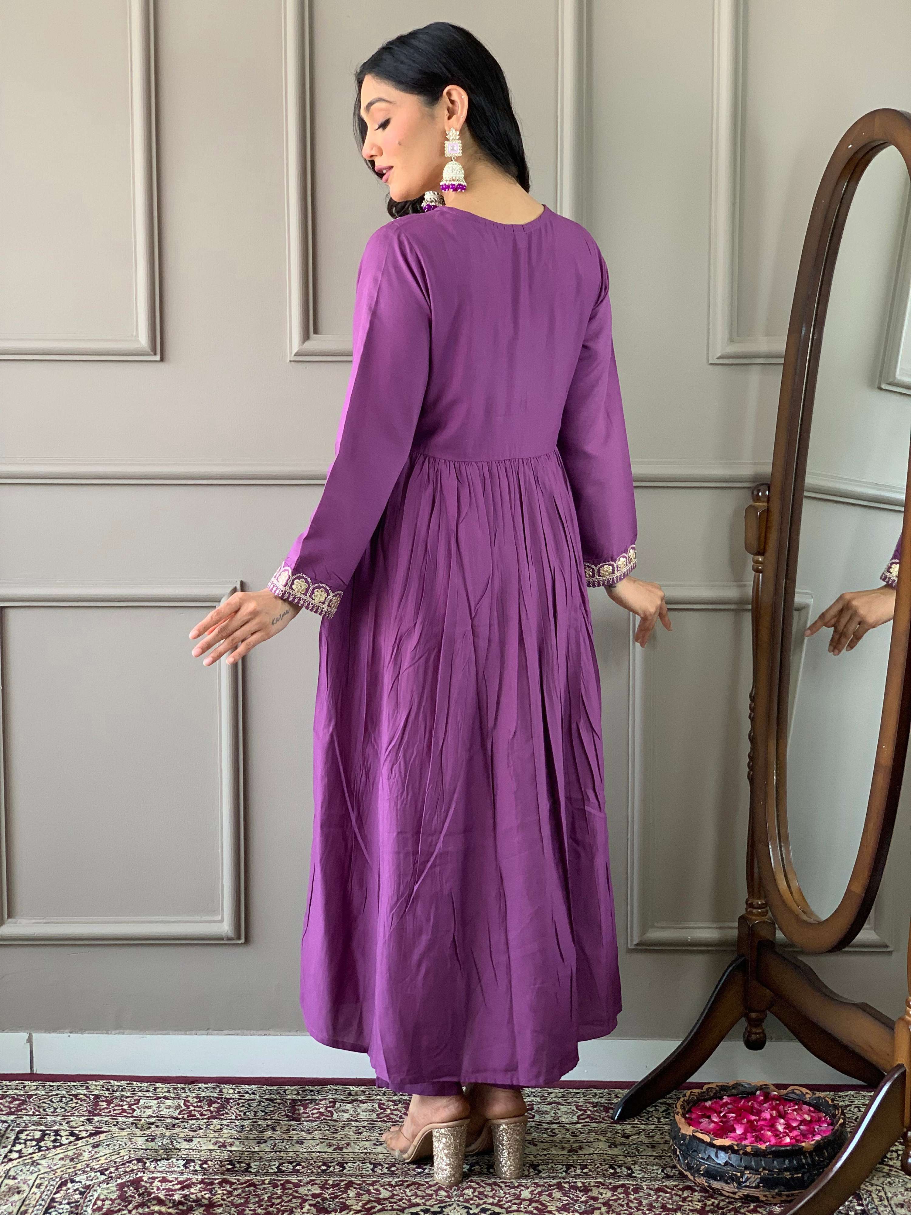 The52 Purple Embroidered Viscose Fabric Straight Kurta, Pant and Dupatta Set - Distacart