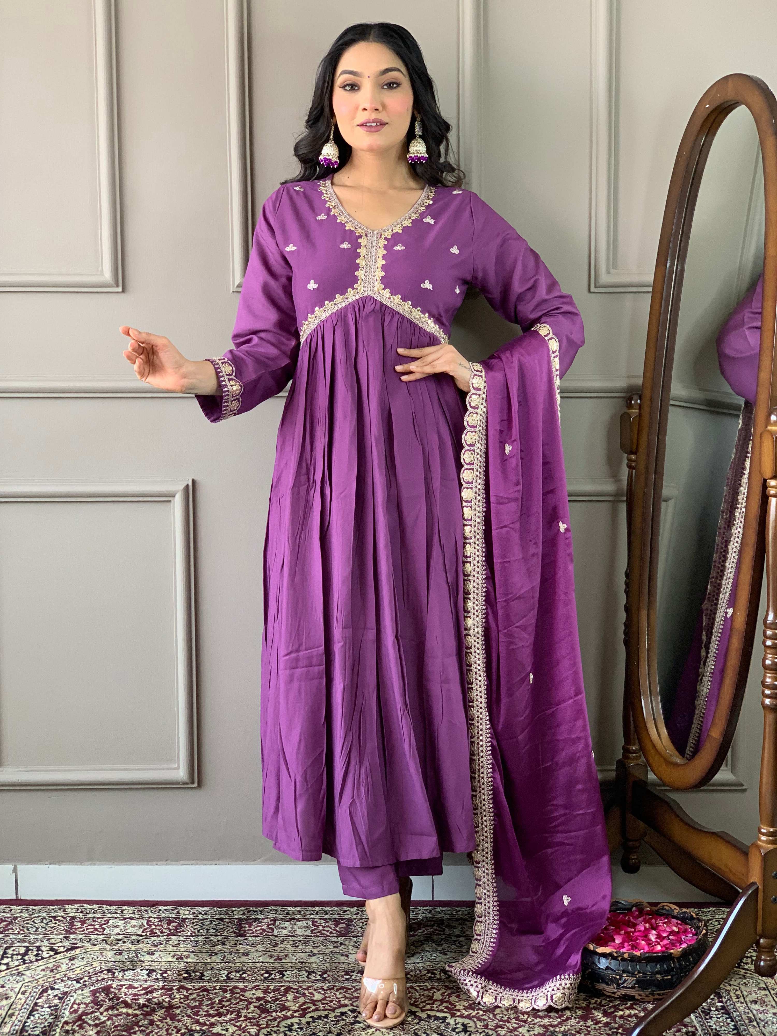The52 Purple Embroidered Viscose Fabric Straight Kurta, Pant and Dupatta Set - Distacart