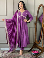 The52 Purple Embroidered Viscose Fabric Straight Kurta, Pant and Dupatta Set - Distacart