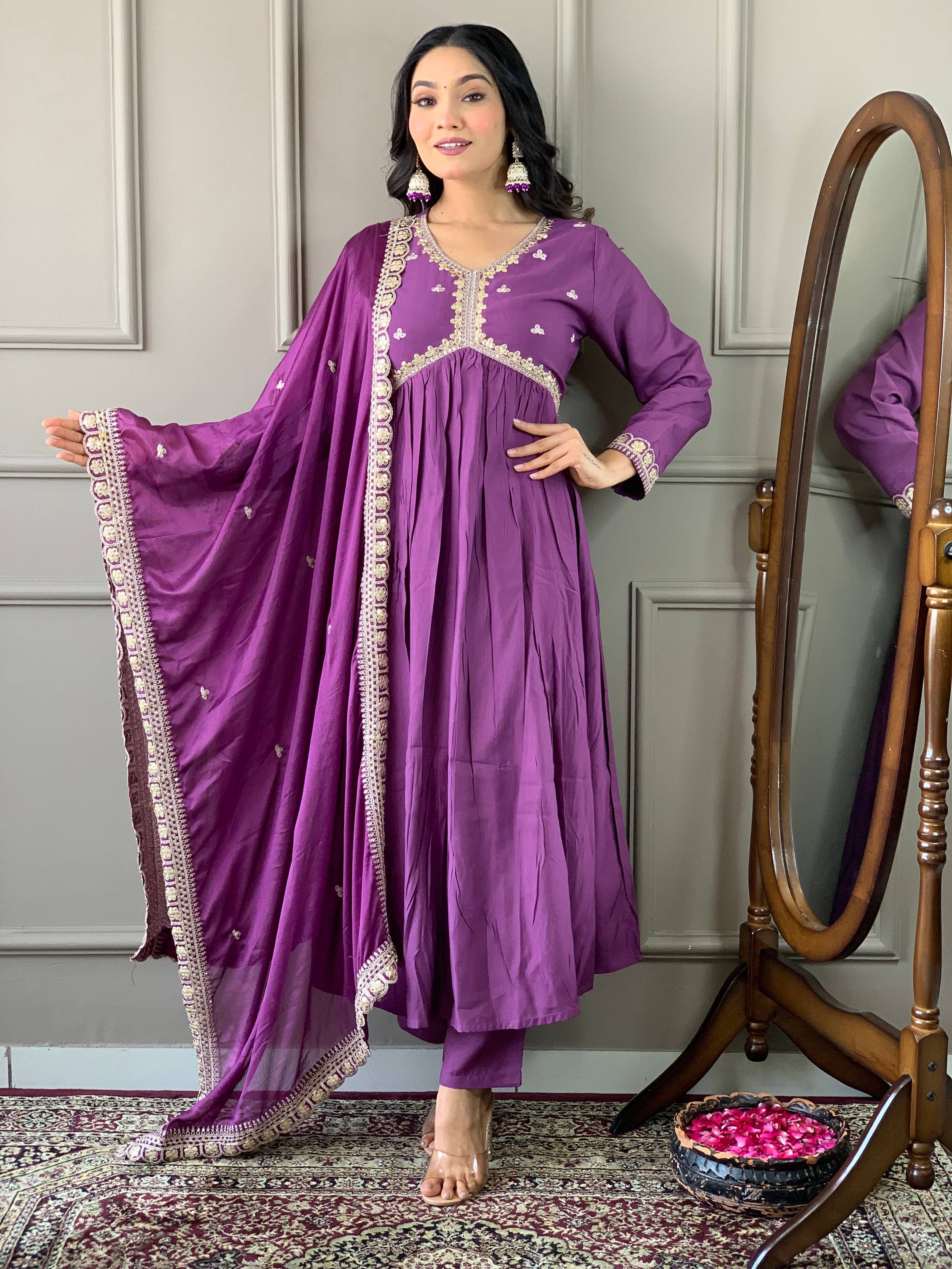 The52 Purple Embroidered Viscose Fabric Straight Kurta, Pant and Dupatta Set - Distacart