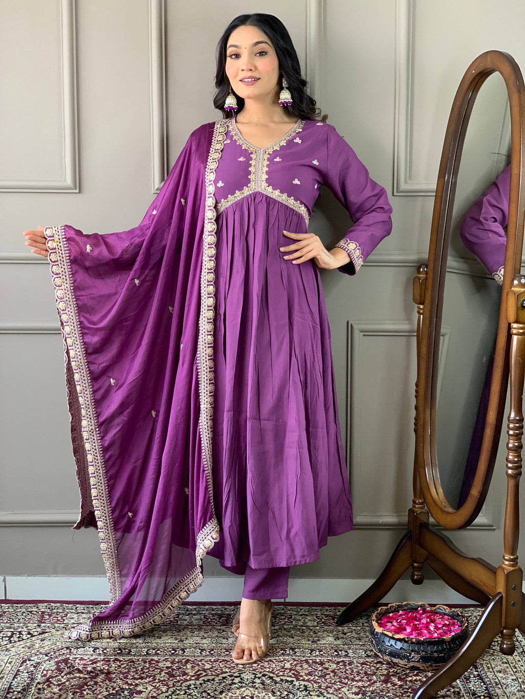 The52 Purple Embroidered Viscose Fabric Straight Kurta, Pant and Dupatta Set - Distacart