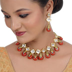 Tehzeeb Creations Back Meenakari Gold-Polished Red Color Square Shape Earring Jewellery Set Uncut Kundan Big Faux Kundan Dibbi Kundan Necklace Set