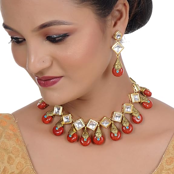 Tehzeeb Creations Back Meenakari Gold-Polished Red Color Square Shape Earring Jewellery Set Uncut Kundan Big Faux Kundan Dibbi Kundan Necklace Set