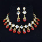 Tehzeeb Creations Back Meenakari Gold-Polished Red Color Square Shape Earring Jewellery Set Uncut Kundan Big Faux Kundan Dibbi Kundan Necklace Set
