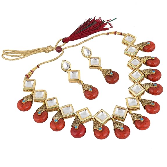 Tehzeeb Creations Back Meenakari Gold-Polished Red Color Square Shape Earring Jewellery Set Uncut Kundan Big Faux Kundan Dibbi Kundan Necklace Set