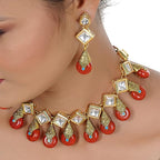 Tehzeeb Creations Back Meenakari Gold-Polished Red Color Square Shape Earring Jewellery Set Uncut Kundan Big Faux Kundan Dibbi Kundan Necklace Set