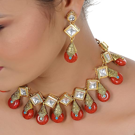 Tehzeeb Creations Back Meenakari Gold-Polished Red Color Square Shape Earring Jewellery Set Uncut Kundan Big Faux Kundan Dibbi Kundan Necklace Set