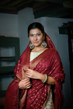 Vardha Maroon Red-Ivory White Golden Zari Banarasi Raw Silk Saree