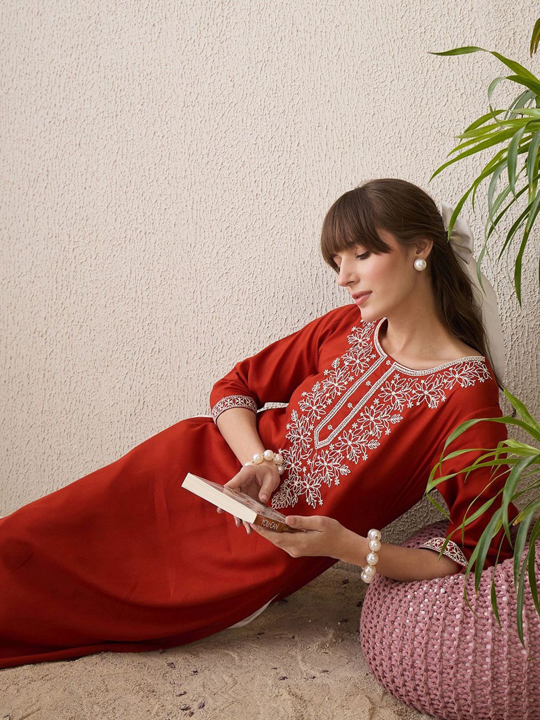Indo Era Floral Yoke Design Thread Work Cotton Straight Kurta - Distacart