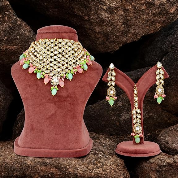 Tehzeeb Creations Designer Pink and Mint Color Choker Stone Necklace Set
