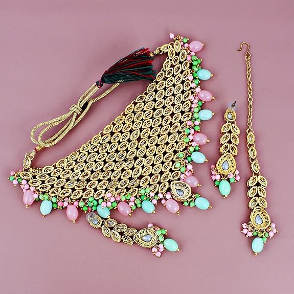 Tehzeeb Creations Designer Pink and Mint Color Choker Stone Necklace Set
