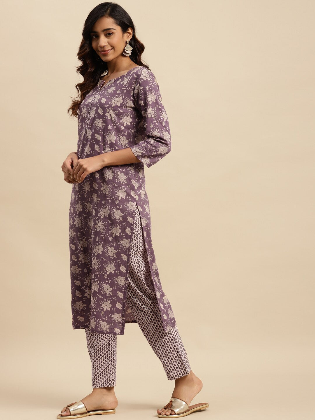Sangria Maroon Floral Printed Pure Cotton Kurta With Trouser & Dupatta