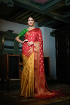 Vardha Mustard Yellow-Rosewood Red Golden Zari Banarasi Raw Silk Saree