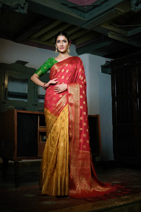 Vardha Mustard Yellow-Rosewood Red Golden Zari Banarasi Raw Silk Saree