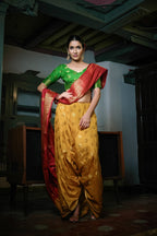 Vardha Mustard Yellow-Rosewood Red Golden Zari Banarasi Raw Silk Saree