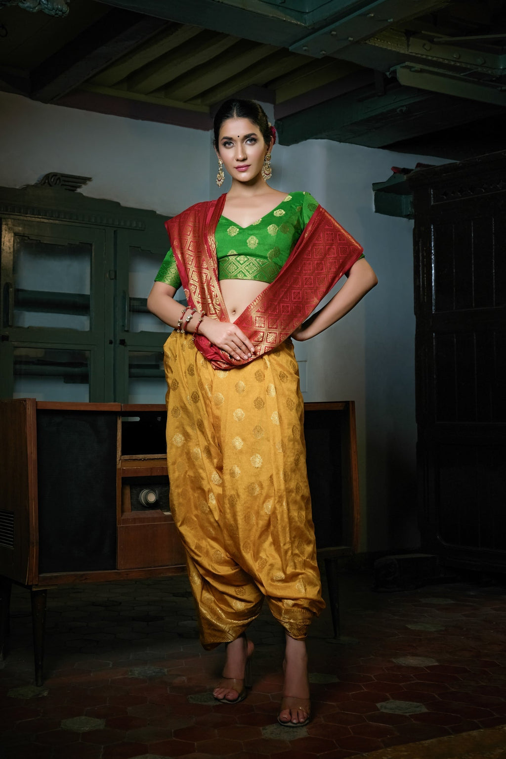 Vardha Mustard Yellow-Rosewood Red Golden Zari Banarasi Raw Silk Saree
