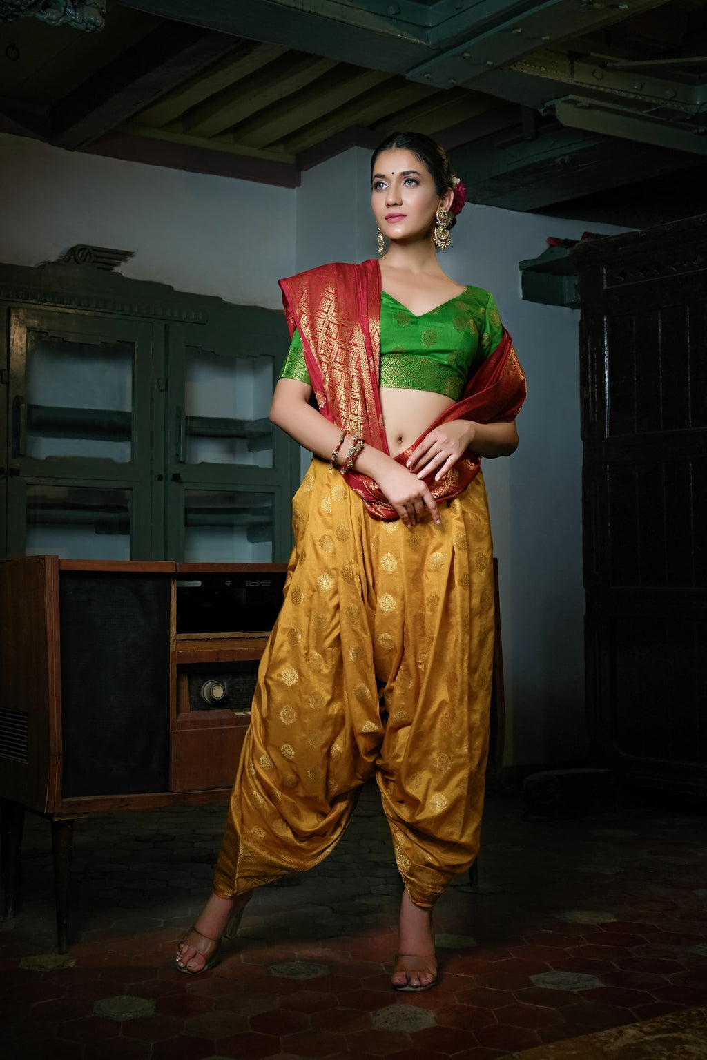 Vardha Mustard Yellow-Rosewood Red Golden Zari Banarasi Raw Silk Saree