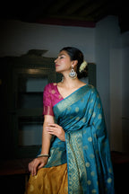Vardha Sky Blue-Mustard Yellow Golden Zari Banarasi Raw Silk Saree