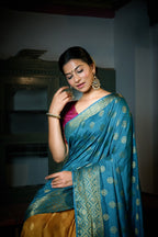 Vardha Sky Blue-Mustard Yellow Golden Zari Banarasi Raw Silk Saree