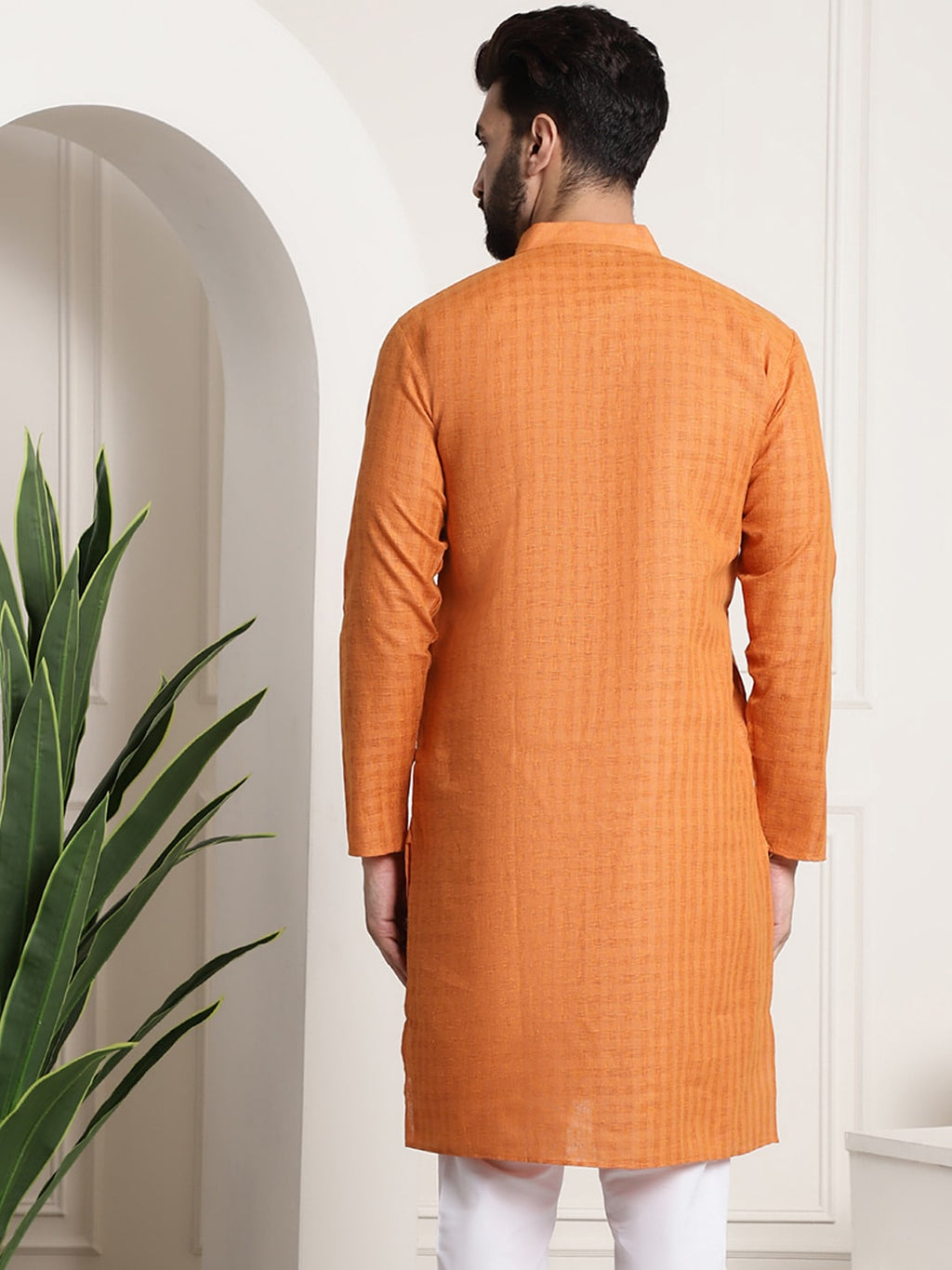 Sojanya Men Orange Dobby Self-Checked Straight Kurta