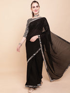 Sangria Black & Silver-Toned Sequinned Pure Georgette Celebrity Saree - Distacart