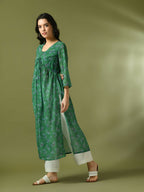 Myshka Women's Green Printed Georgette A-Line Nyra-cut Kurta