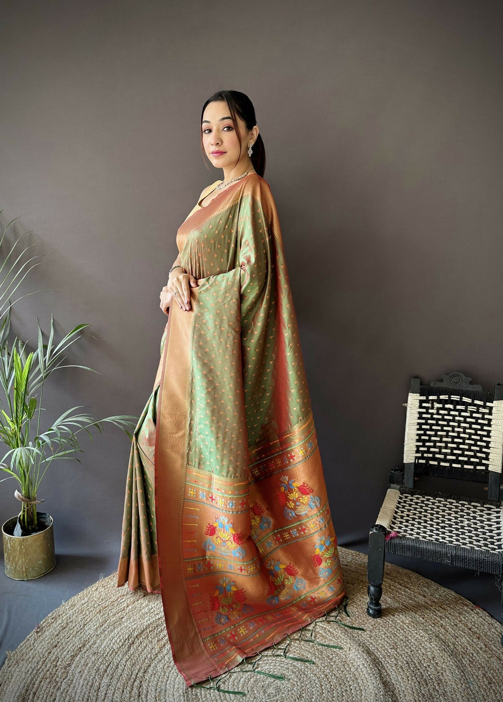 Joban Fashion Olive Green Jacquard Butti Soft Lichi Silk Paithani Saree - Distacart