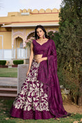 Vastranavya Ethnic Look Tussar Silk Floral Printed With Foil Work Indian Lehenga Choli - Wine
