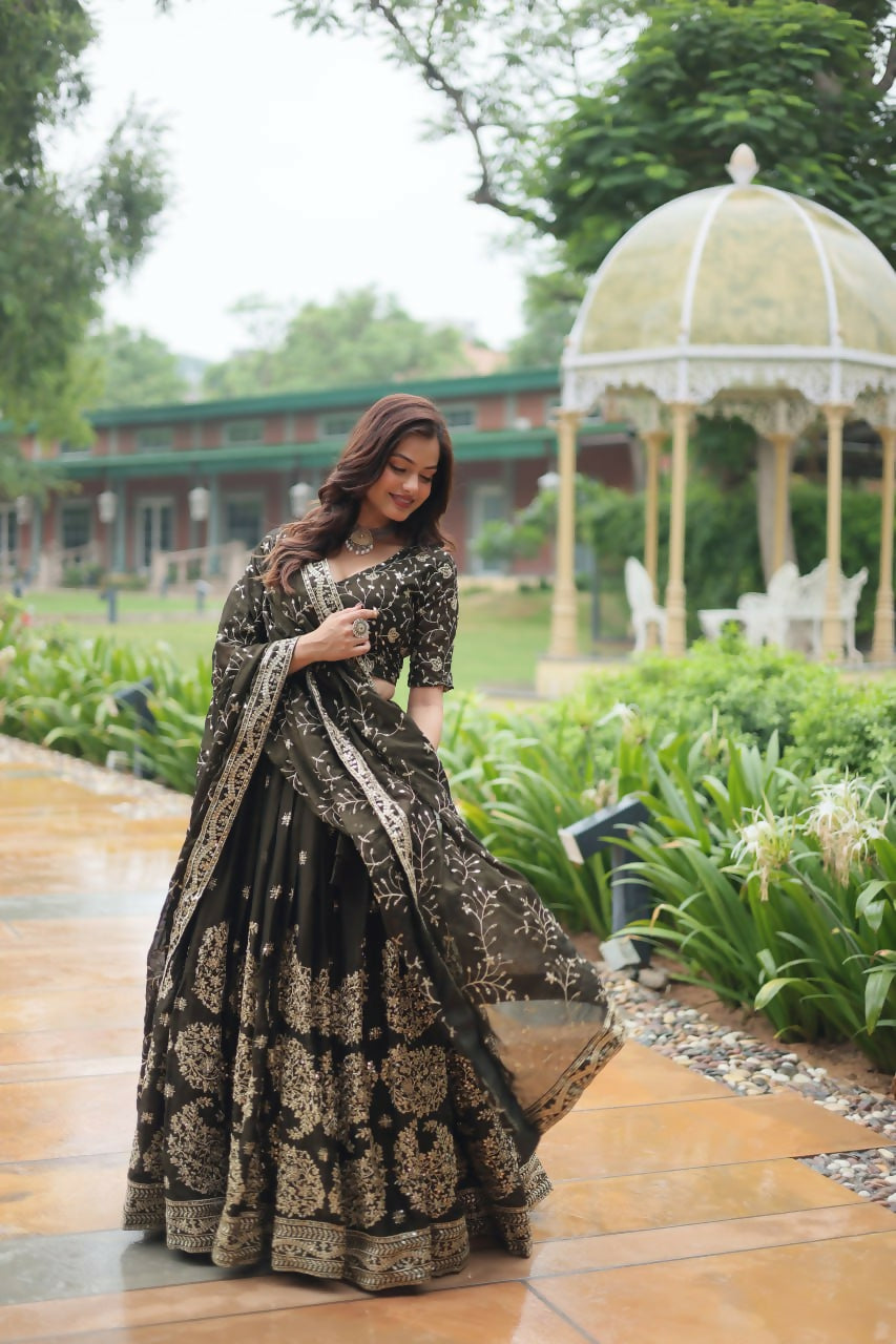 Vastranavya Designer Heavy Sequins & Thread Embroidered work Lehenga Choli - Olive Green